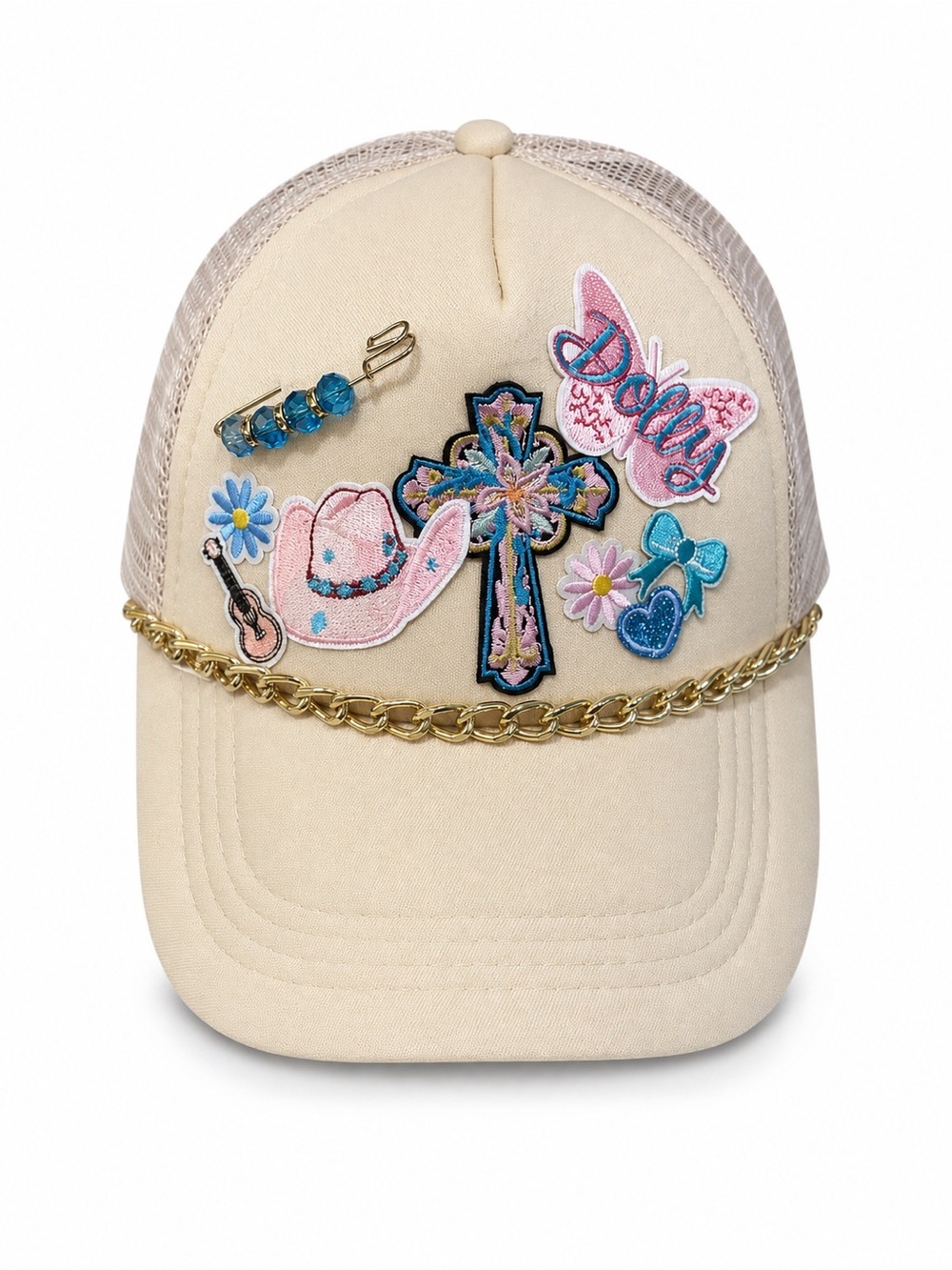 Hand Crafted ‘Dolly’ Embellished Trucker Hat with Pink & Blue Accents